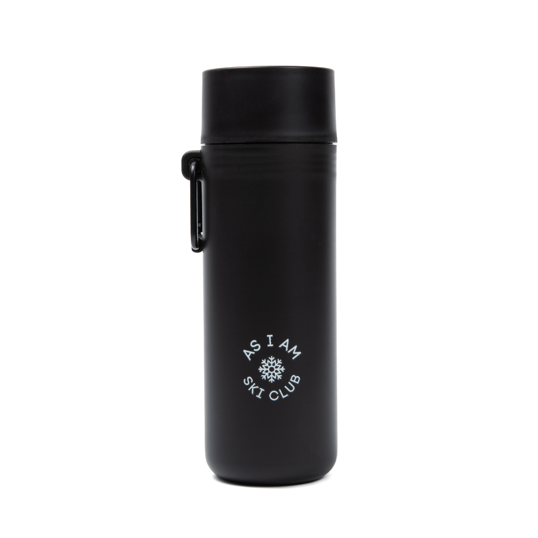 A black reusable water bottle with a dual open design and a clip handle, featuring the text 'AS I AM SKI CLUB' on the front.