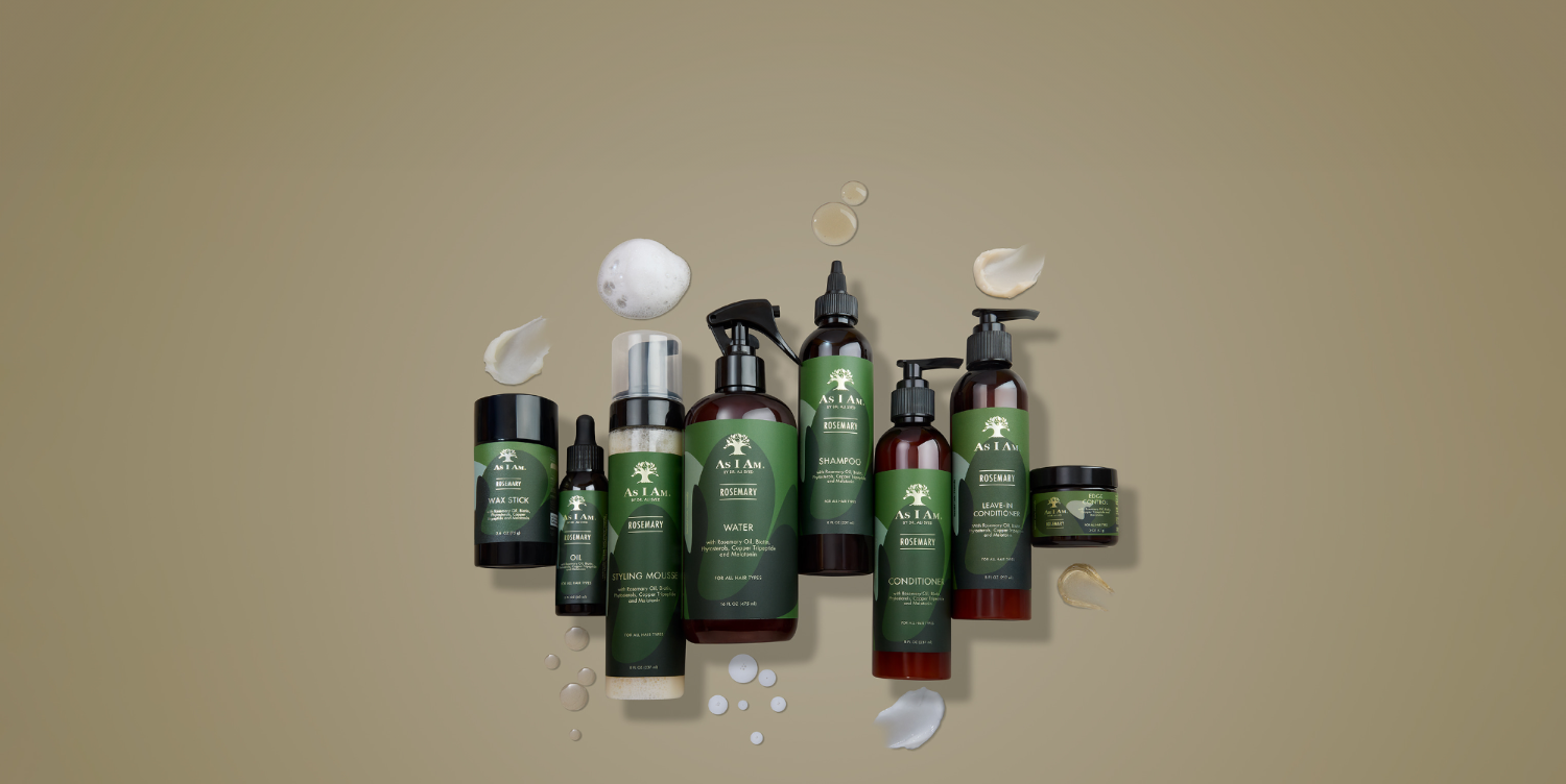 As I Am Rosemary Collection – an 8-product hair care system infused with rosemary, biotin, melatonin, copper tripeptide, and ceramides. Includes Watermint Shampoo, Conditioner, Leave-In, Wax Stick, Edge Control, Styling Mousse, and Hair & Scalp Oil – all formulated to strengthen, thicken, and promote healthy hair growth while nourishing the scalp.