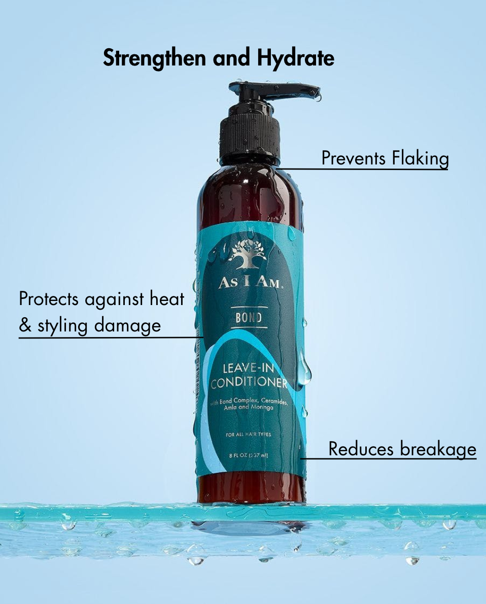 Leave-in conditioner bottle with text highlighting its benefits on a blue background