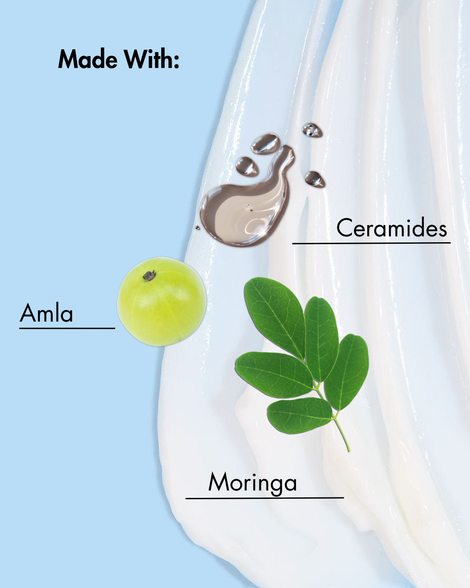 Product labeled 'Made With:' featuring Amla, Ceramides, and Moringa on a light blue background.