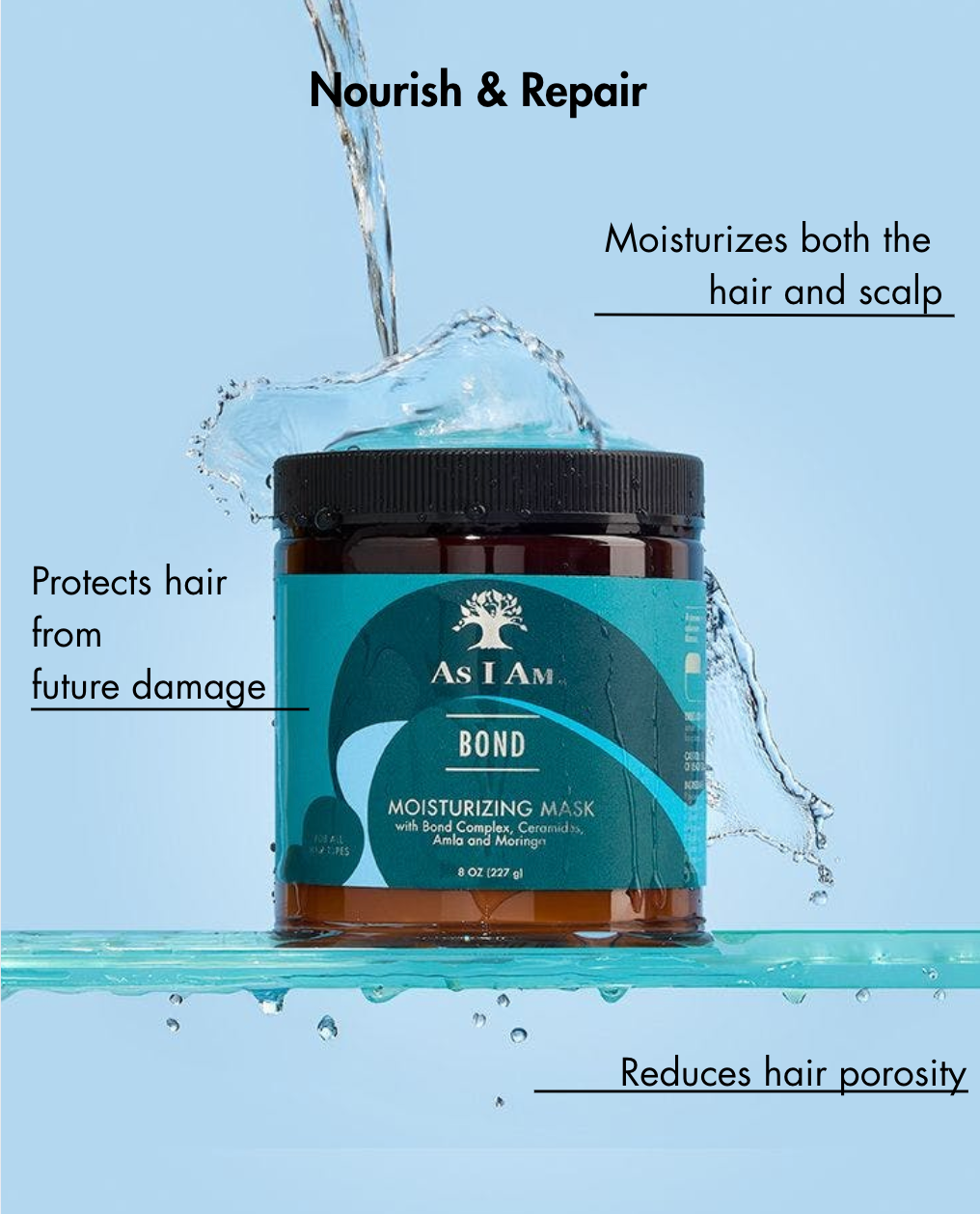 As I Am Bond Moisturizing Mask jar with water droplets on a blue background