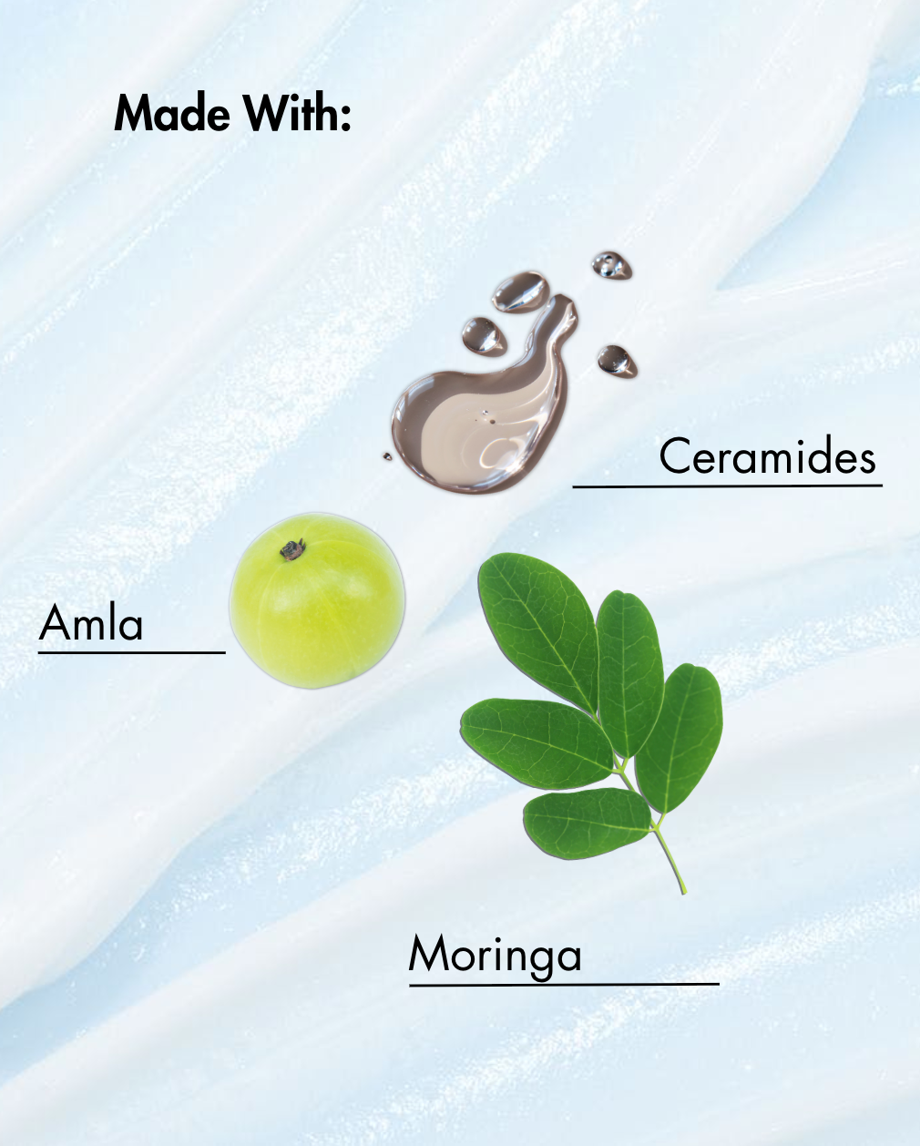 Product label with Amla, Moringa, and Ceramides on a light blue background