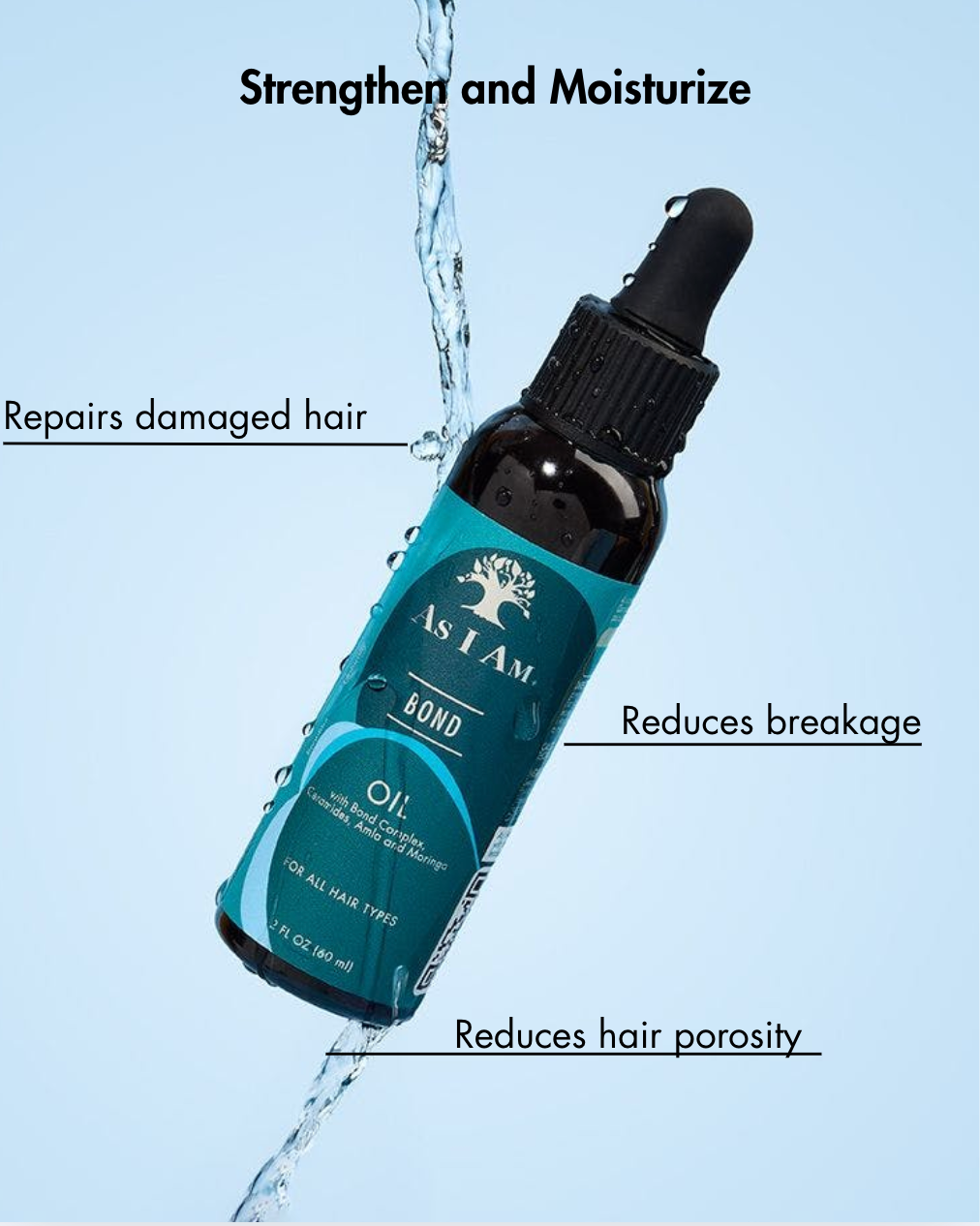 Bottle of hair oil with dropper labeled 'As I Am' on a light blue background