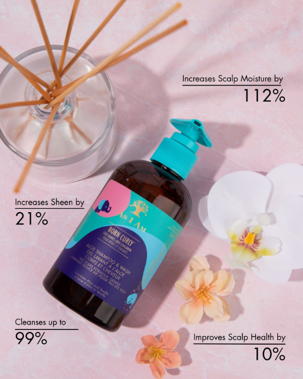 Bottle of hair care product with decorative elements on a pink background