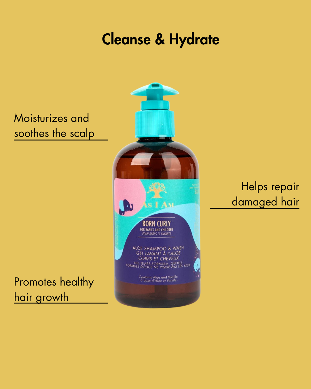 Bottle of Born Curly hair care product on a yellow background with text about its benefits.