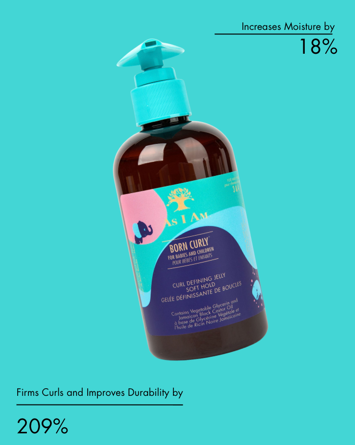 Bottle of hair care product with a blue pump on a teal background