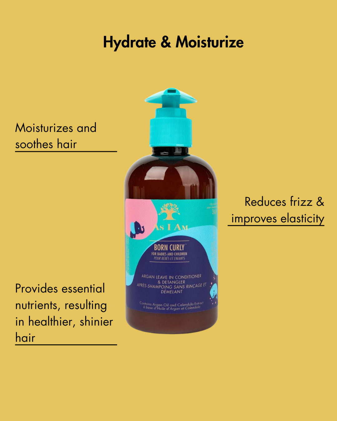 Bottle of hair care product with text on a yellow background