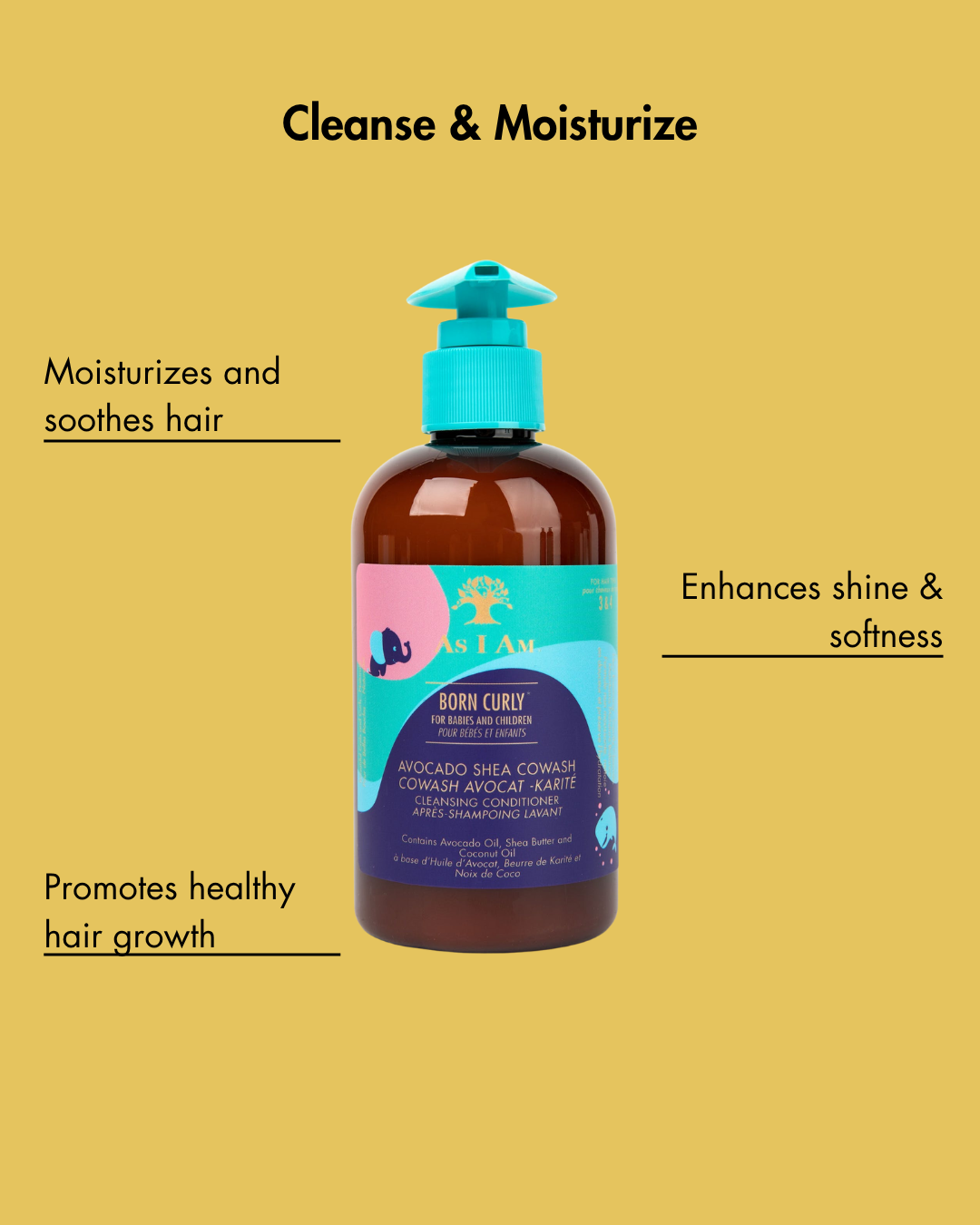 Bottle of hair care product with text on a yellow background