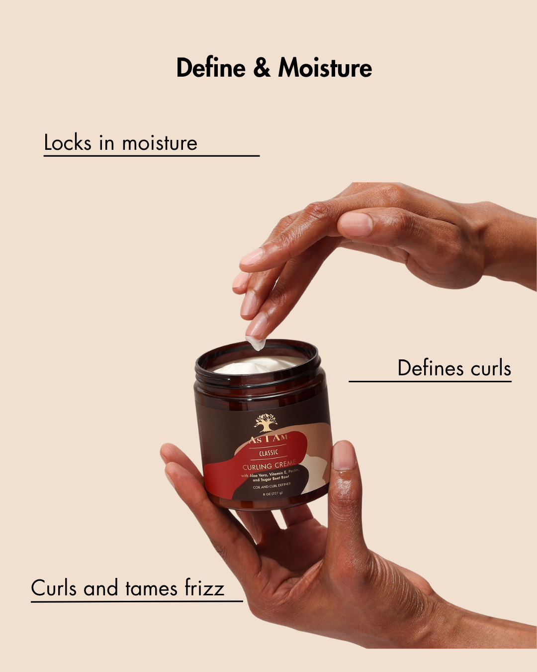 Jar of hair product with a hand holding it, labeled 'Define & Moisture' on a beige background.