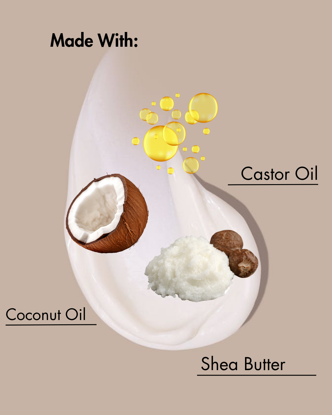 Ingredients used in a product: coconut oil, shea butter, and castor oil, displayed on a beige background.