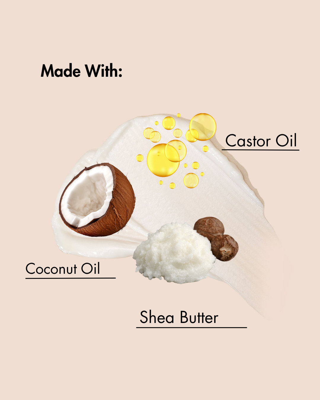 Ingredients used in a product displayed with coconut, castor oil, and shea butter on a beige background.