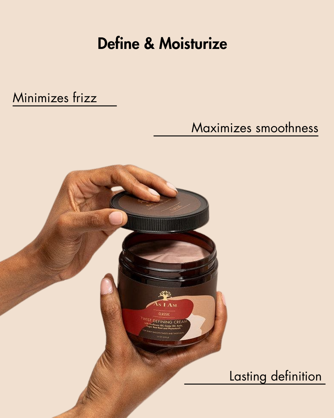 Hand holding an open jar of hair care product with text highlighting benefits on a beige background