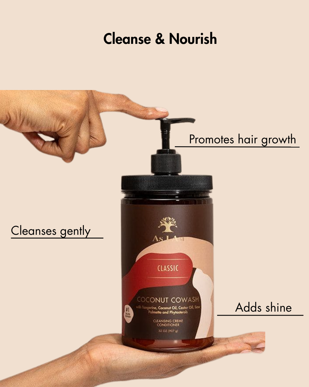 Hand holding a bottle of coconut cowash with text highlighting its benefits on a beige background