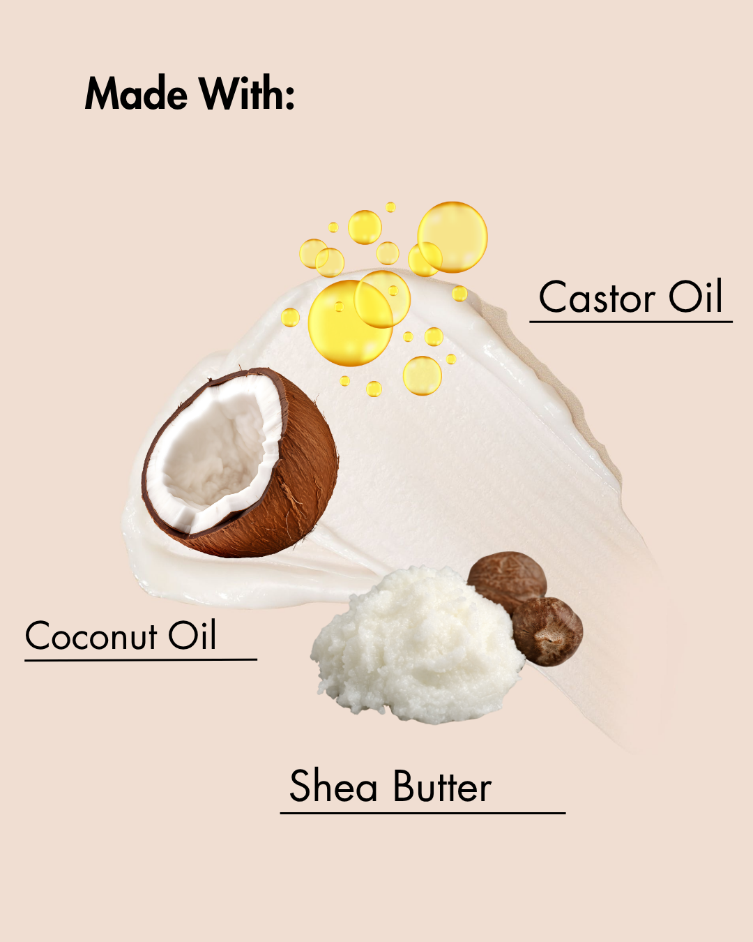 Ingredients used in a product, including coconut oil, shea butter, and castor oil, on a beige background.