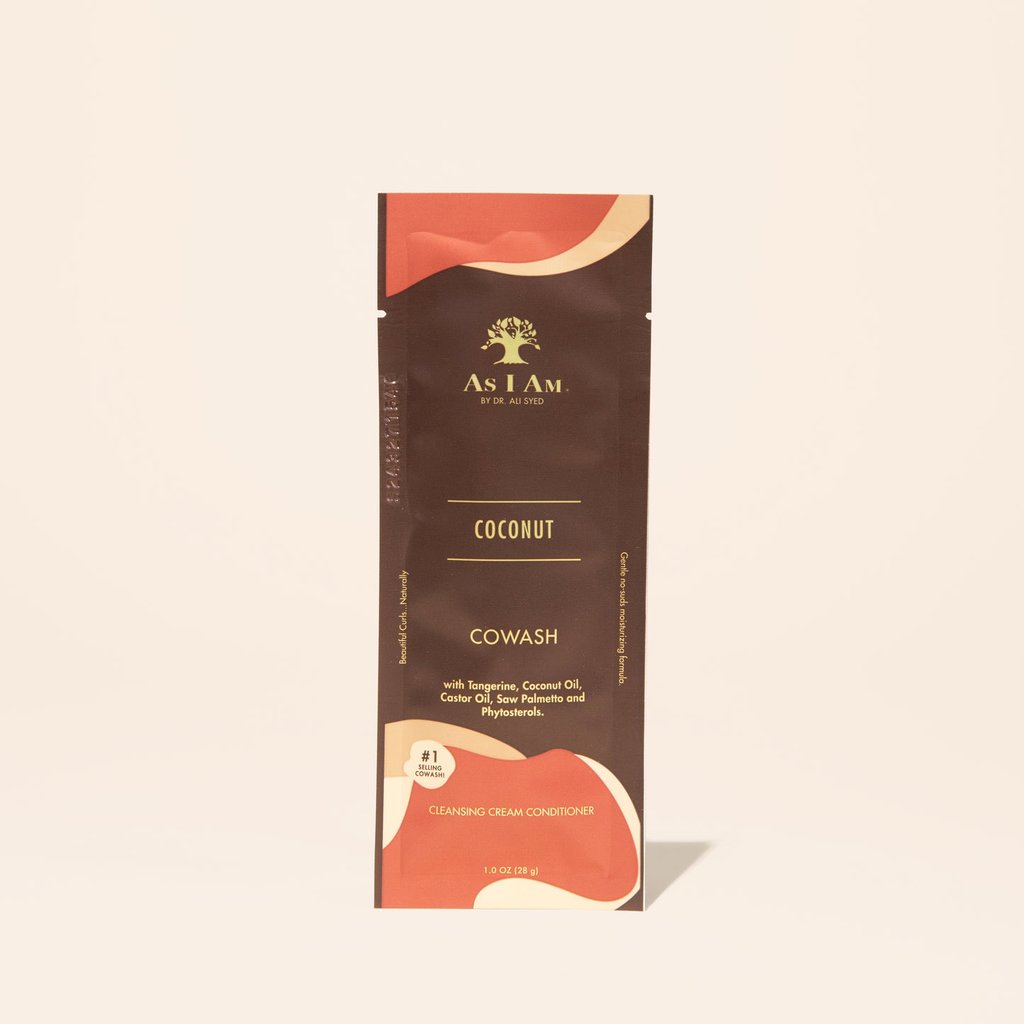 AS I AM Coconut CoWash in a 1 oz sachet, with a creamy, buttery texture—gently cleanses and conditions in one step, removing buildup while moisturizing and detangling textured hair with a refreshing coconut scent.