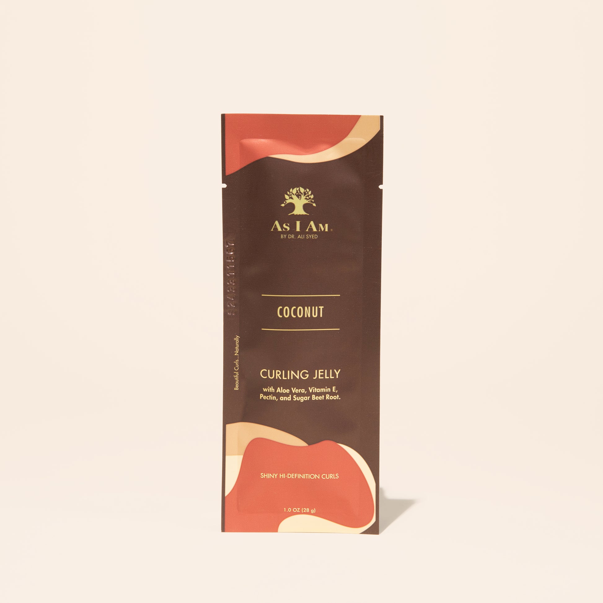 AS I AM Curling Jelly in a 1 oz sachet, showcasing a clear, gel-like texture—formulated to define curls and coils, minimize frizz, and provide long-lasting hold with shine and bounce.