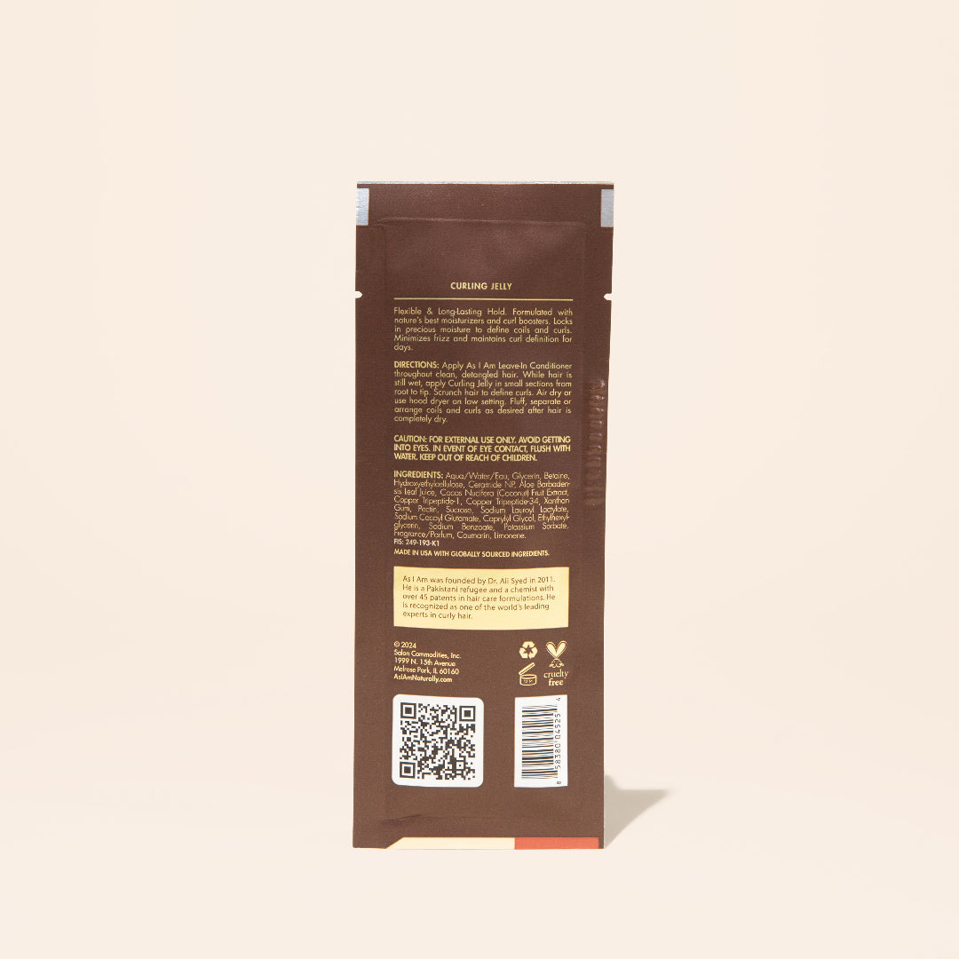 AS I AM Curling Jelly in a 1 oz sachet, showcasing a clear, gel-like texture—formulated to define curls and coils, minimize frizz, and provide long-lasting hold with shine and bounce.