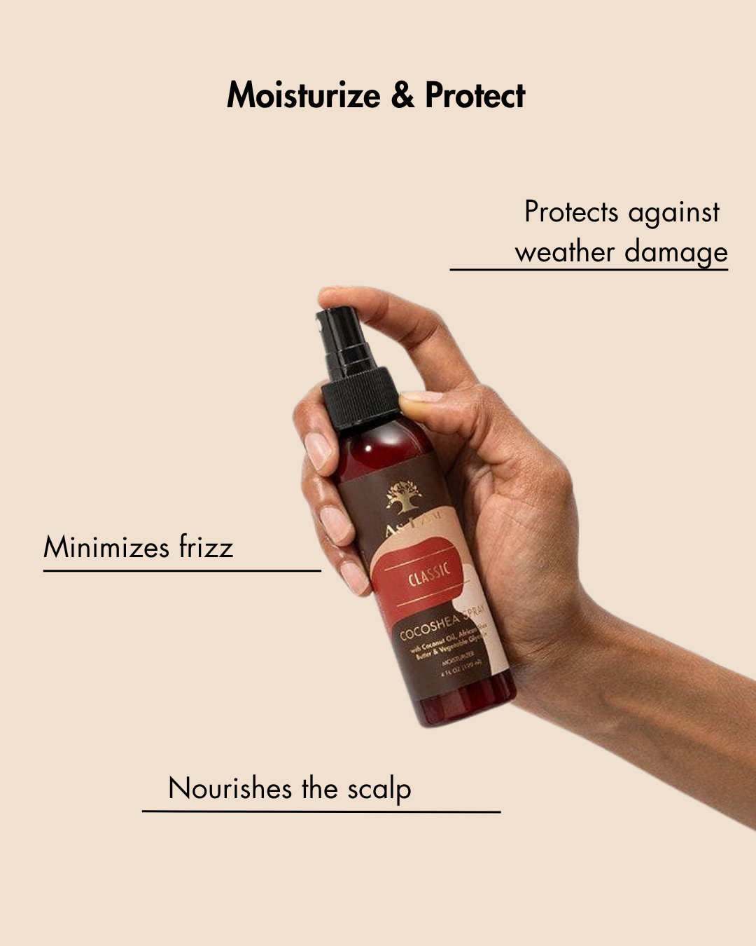 Hand holding a bottle of hair care product with text highlighting its benefits on a beige background