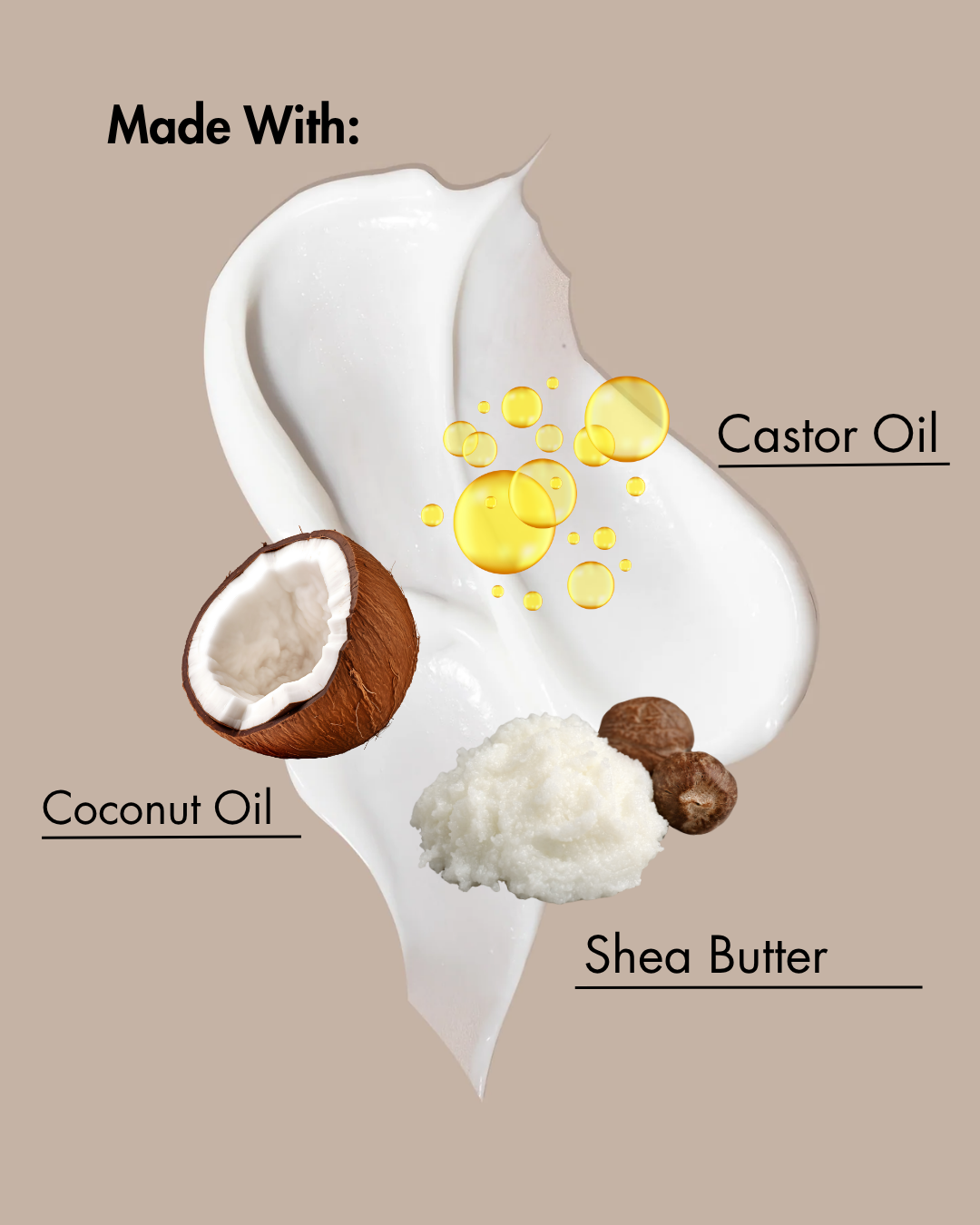 Illustration of a skincare product with coconut oil, shea butter, and castor oil labeled on a beige background.