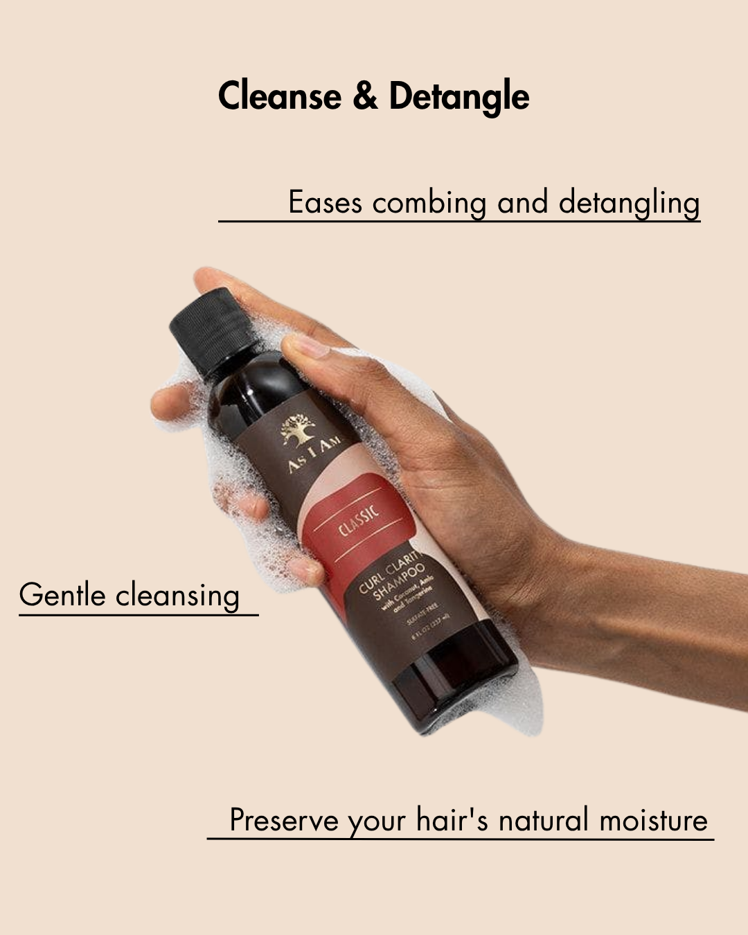 Hand holding a bottle of hair care product with text on a beige background