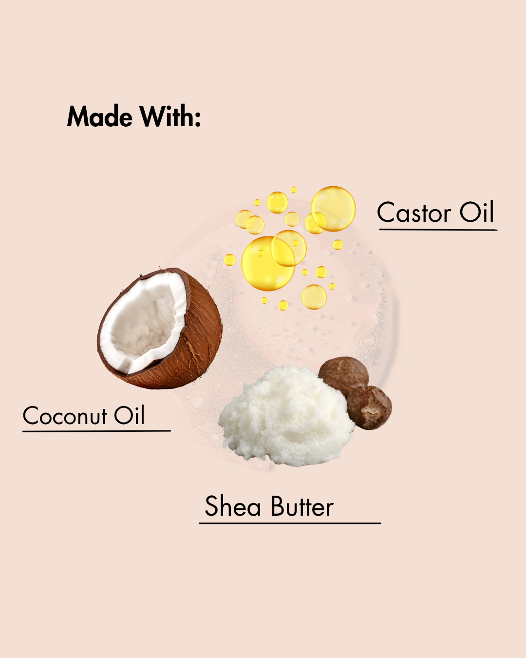 Ingredients listed as 'Made With:' including coconut oil, shea butter, and castor oil on a beige background.