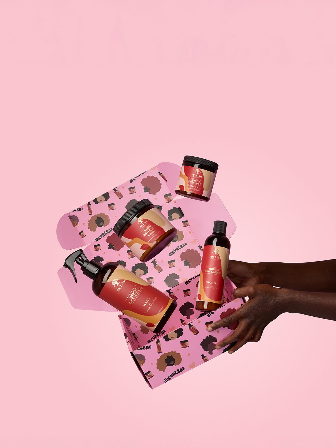 As I Am Curlbae Box with Jamaican Black Castor Oil products — a premium hair care bundle featuring curl-enhancing treatments infused with JBCO for strength, moisture, and healthy definition.
