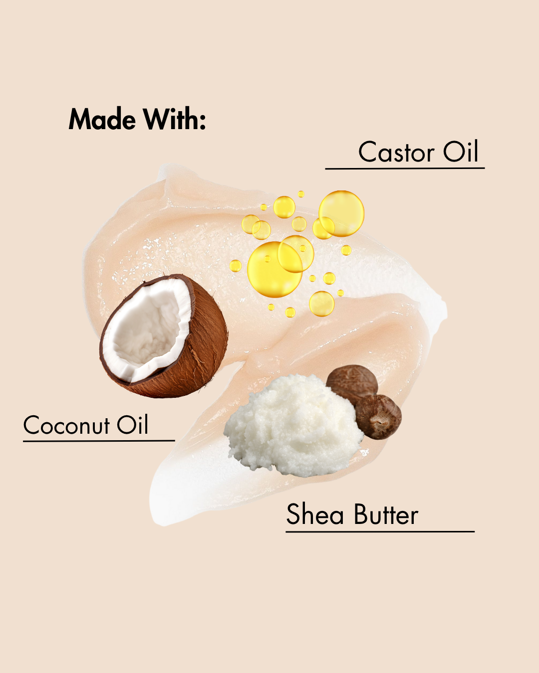 Ingredients used in a product on a beige background with text labels.