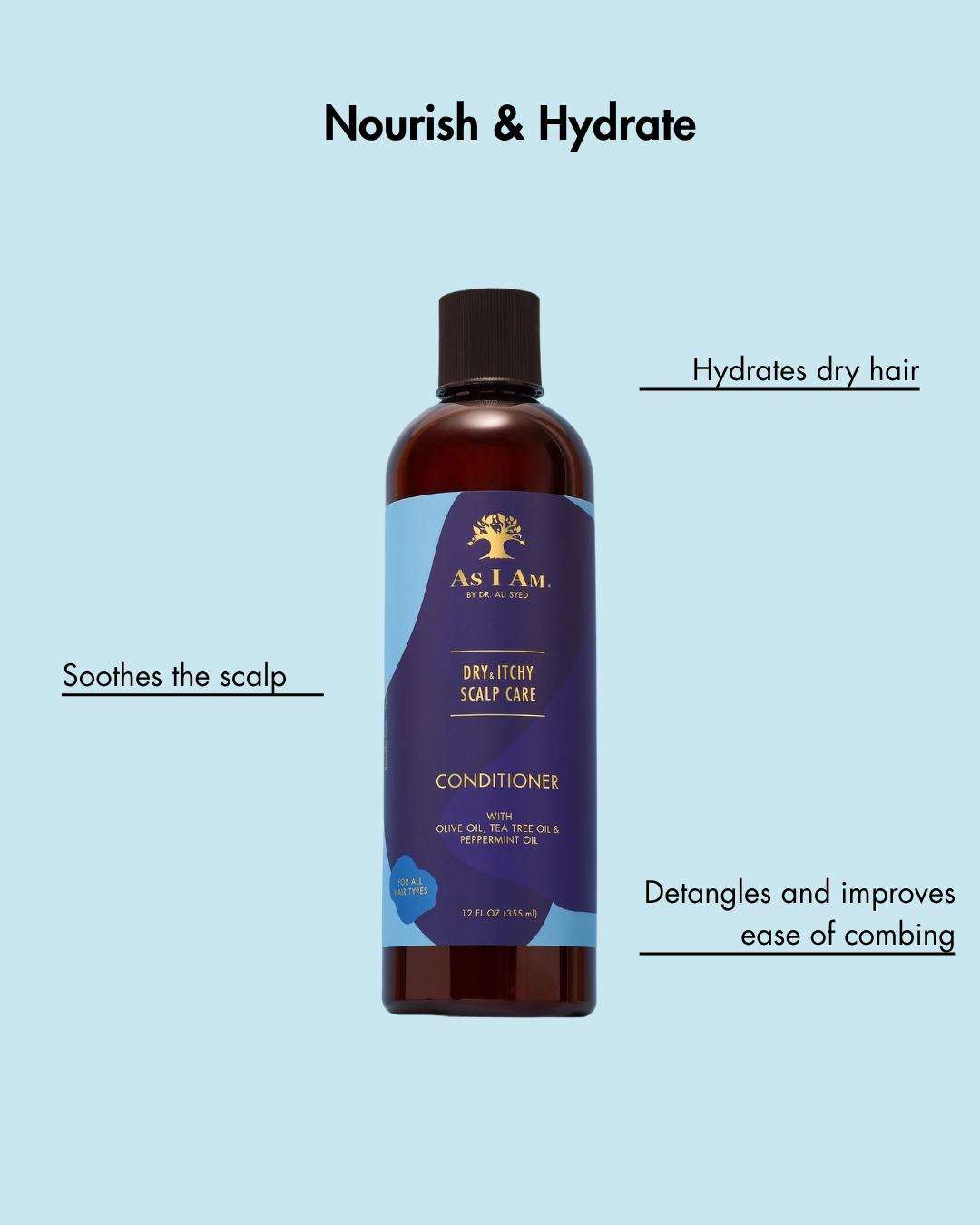 Bottle of As I Am Dry Itchy Scalp Care Conditioner on a light blue background