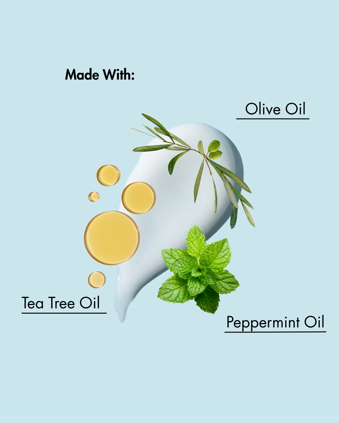Product with olive oil, tea tree oil, and peppermint oil labeled on a light blue background