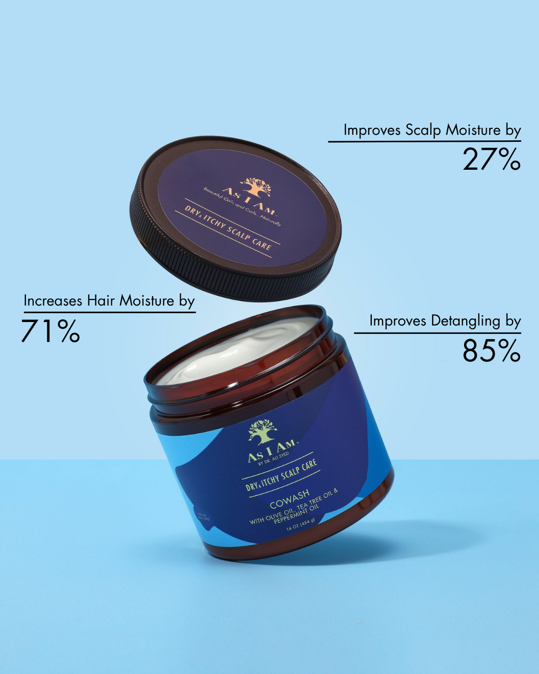 Blue and brown jar of scalp care product with text on a light blue background