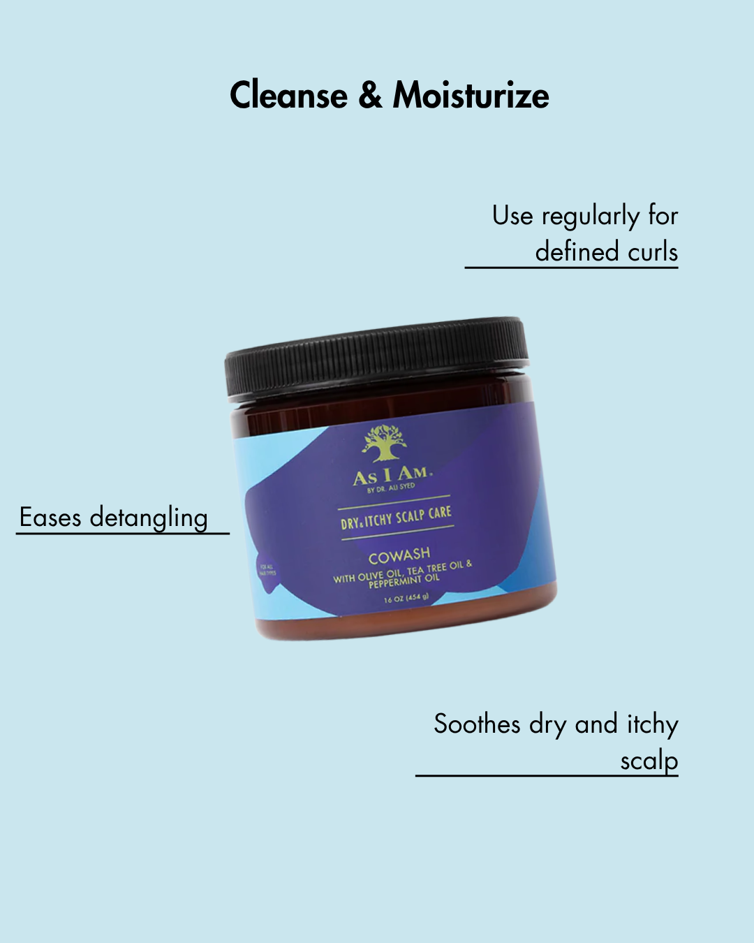 Jar of As I Am hair care product on a light blue background with text about its benefits.