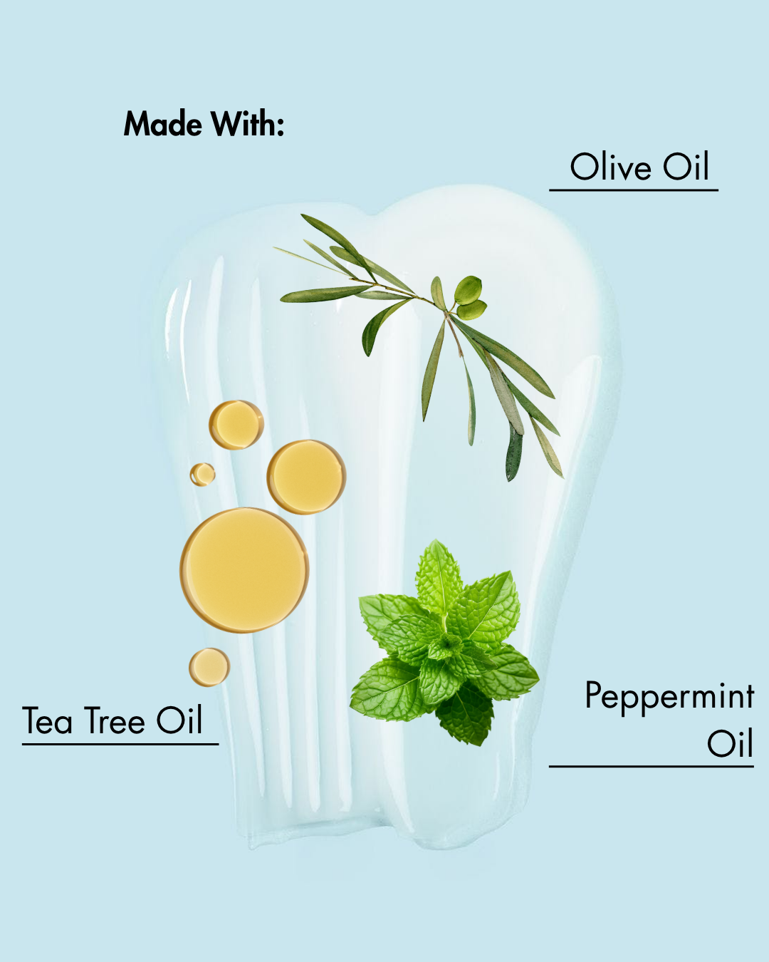 Product with olive oil, tea tree oil, and peppermint oil labeled on a light blue background