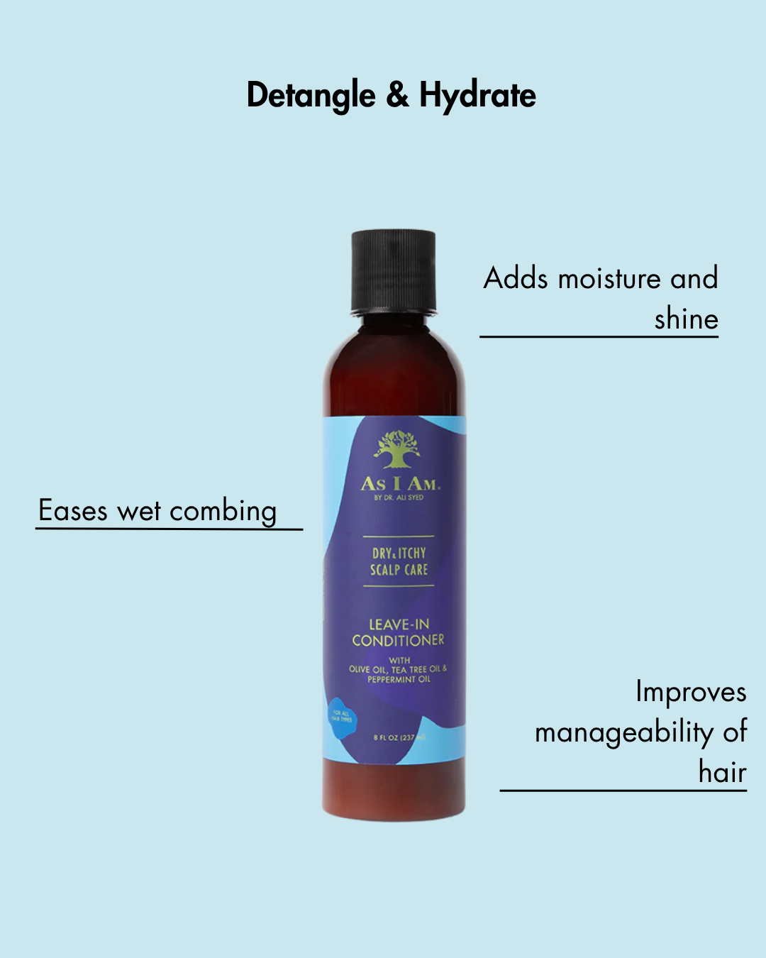 Leave-in conditioner bottle with text on a light blue background