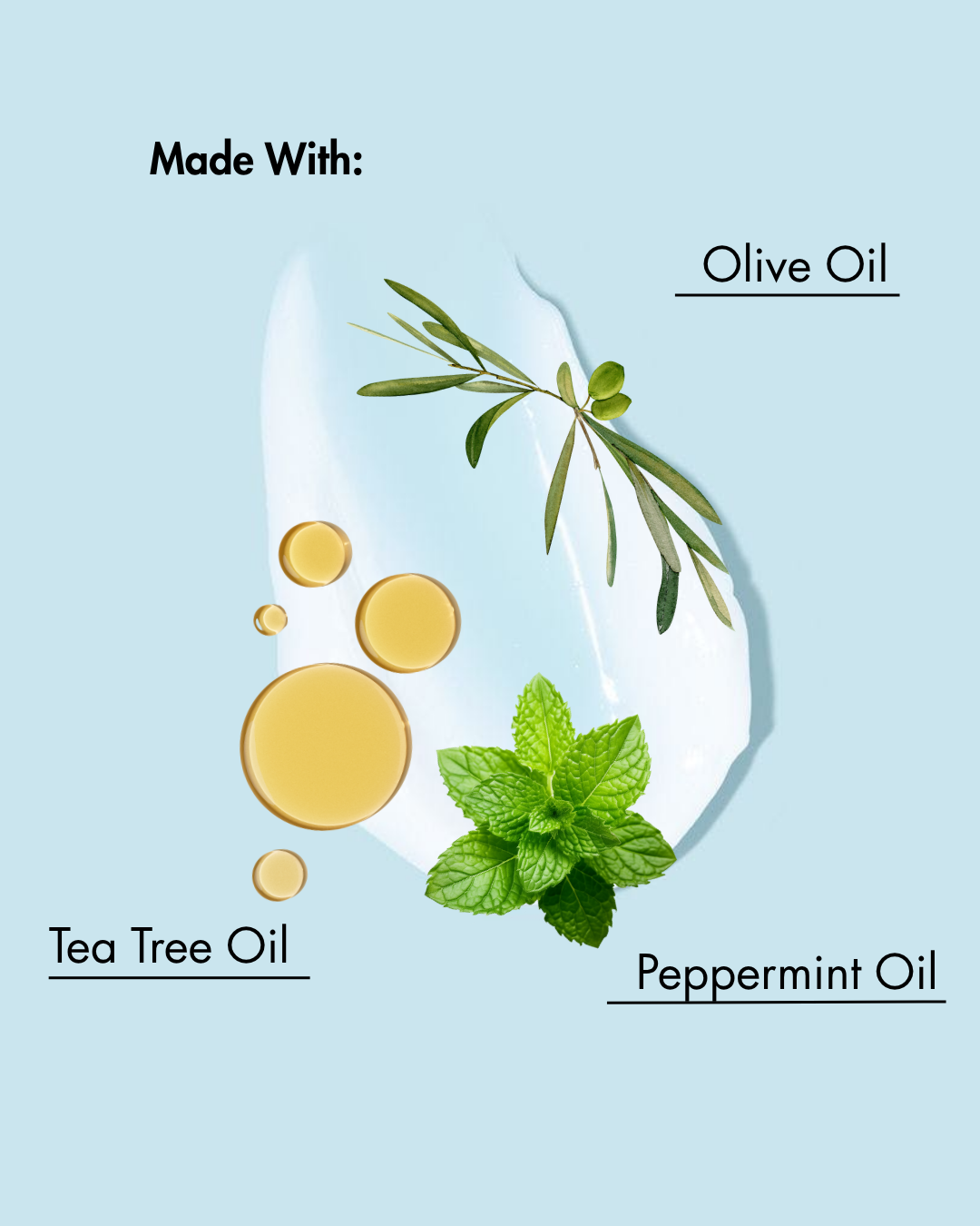 Ingredients used in a product on a light blue background with olive oil, tea tree oil, and peppermint oil depicted.