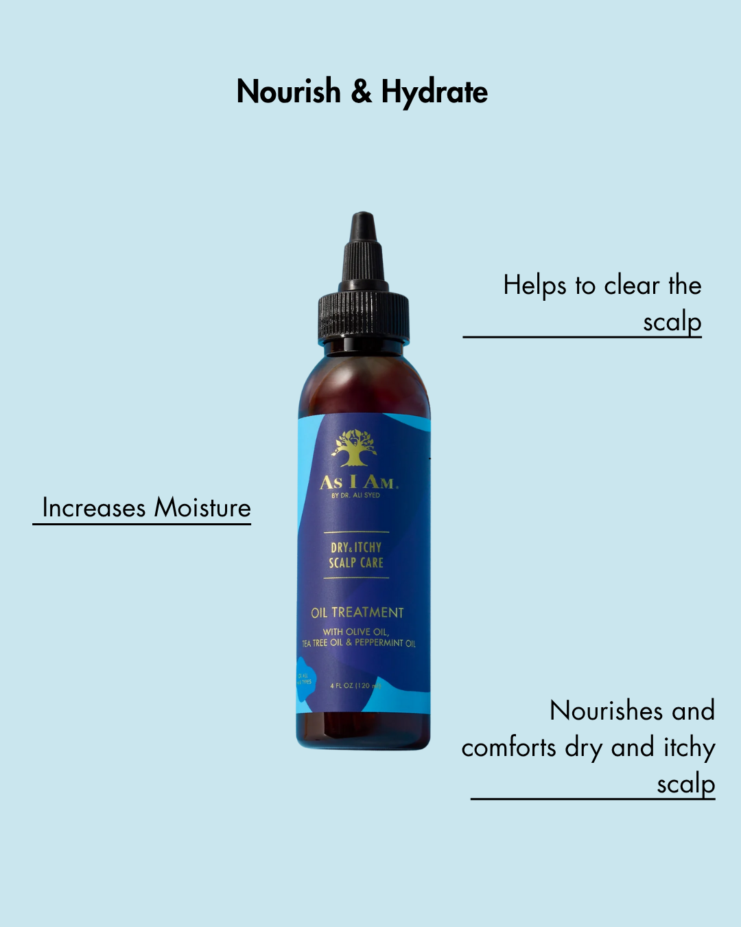 Bottle of As I Am Scalp Care Oil Treatment on a light blue background with text about its benefits.