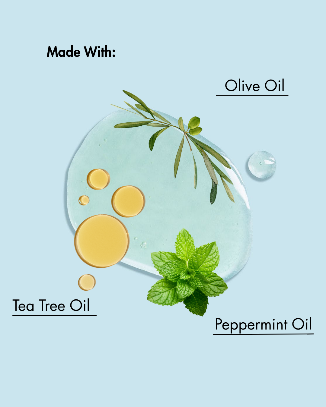 Olive oil, tea tree oil, and peppermint oil droplets with leaves on a light blue background