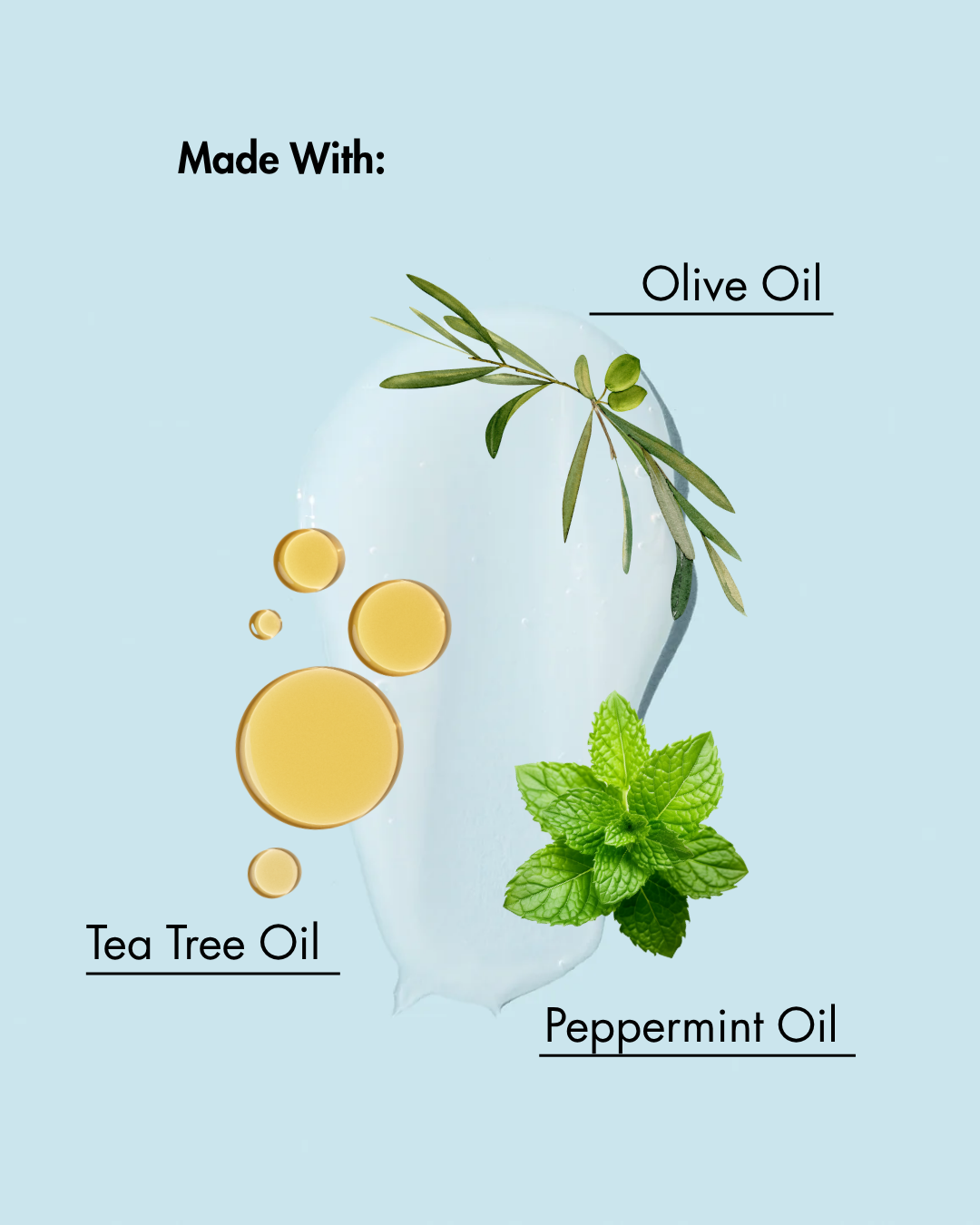 Ingredients used in a product on a light blue background with olive oil, tea tree oil, and peppermint oil depicted.