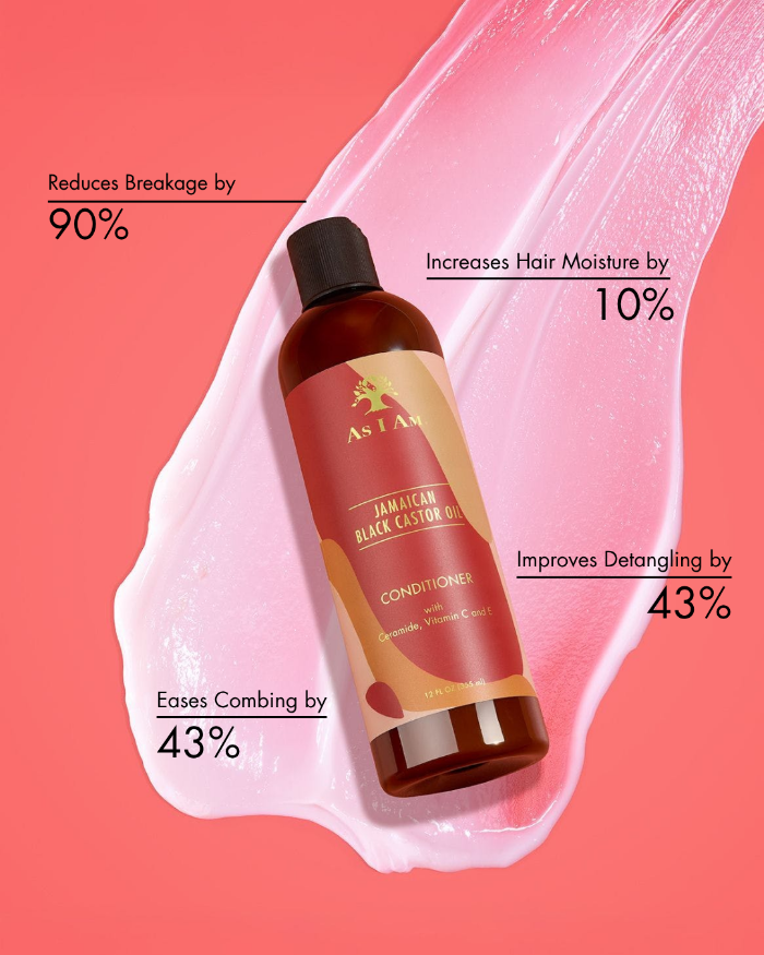 A bottle of Jamaican Black Castor Oil Conditioner on a pink background with text highlighting benefits.