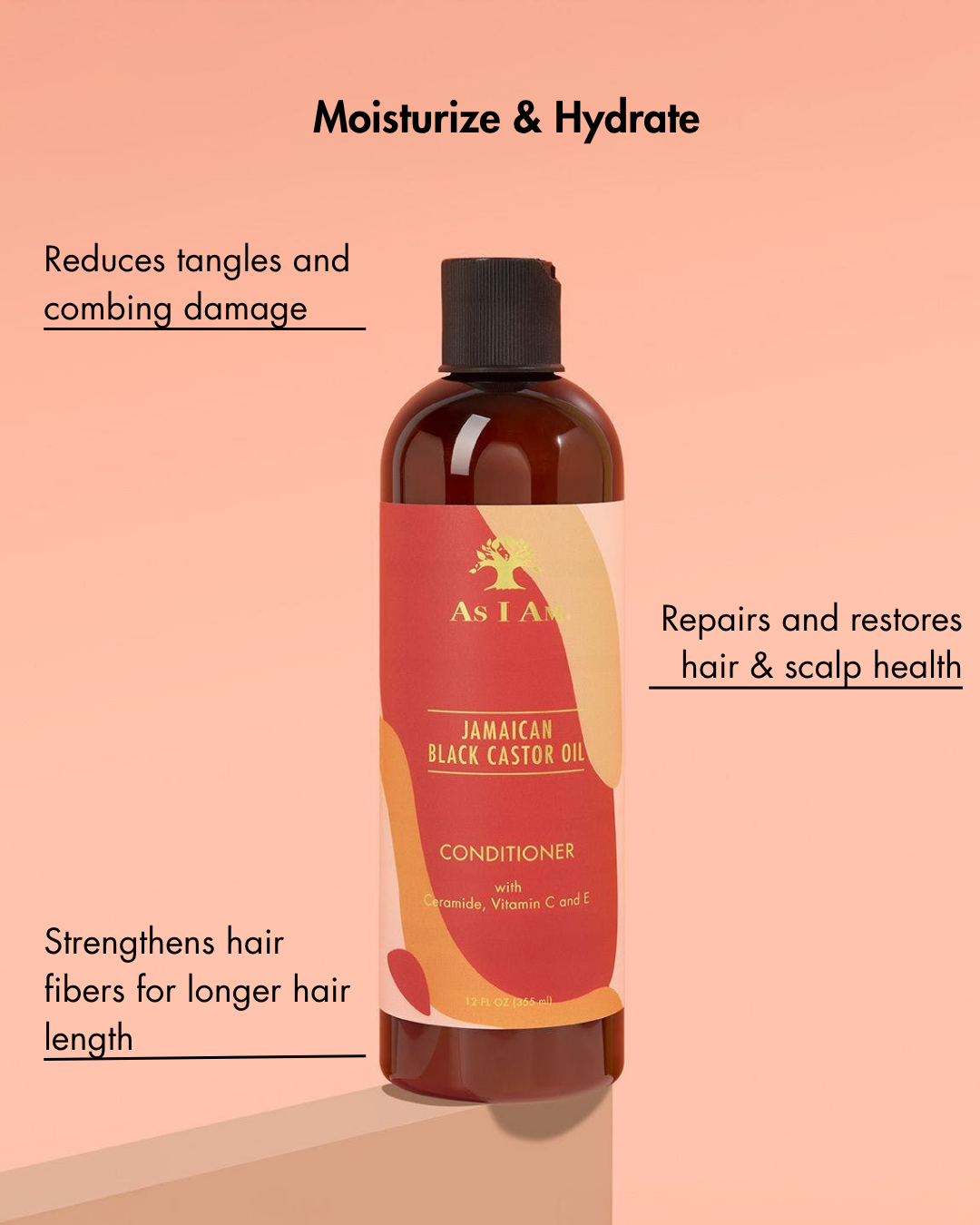 Conditioner bottle with text on a peach background
