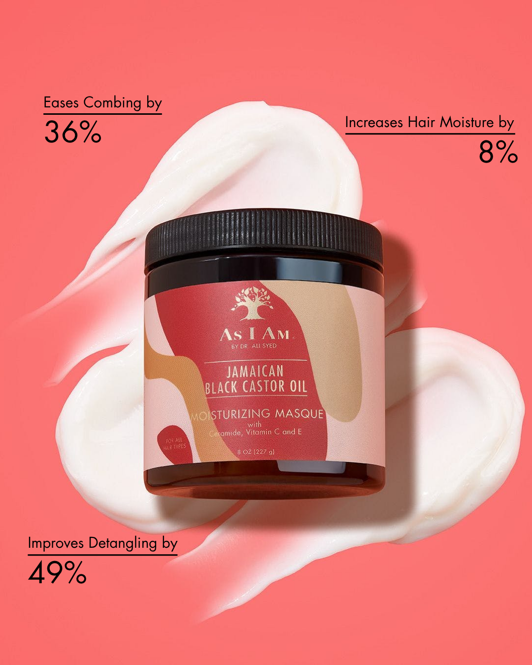 Jar of As I Am Jamaican Black Castor Oil Moisturizing Masque with product benefits on a pink background