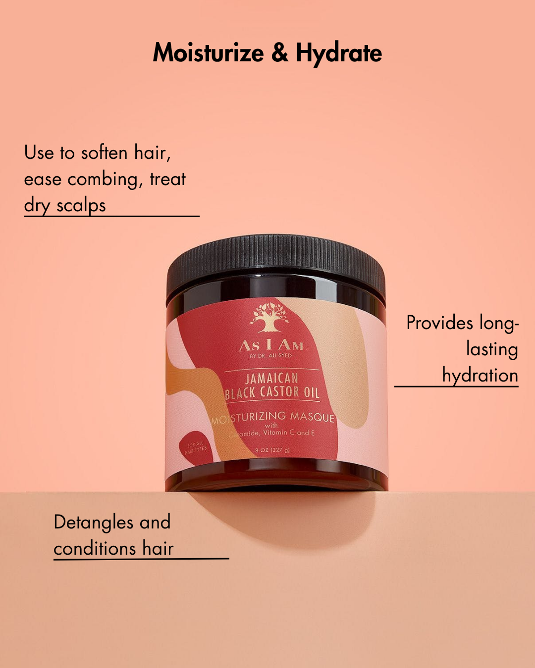 As I Am Jamaican Black Castor Oil moisturizing masque jar on a peach background