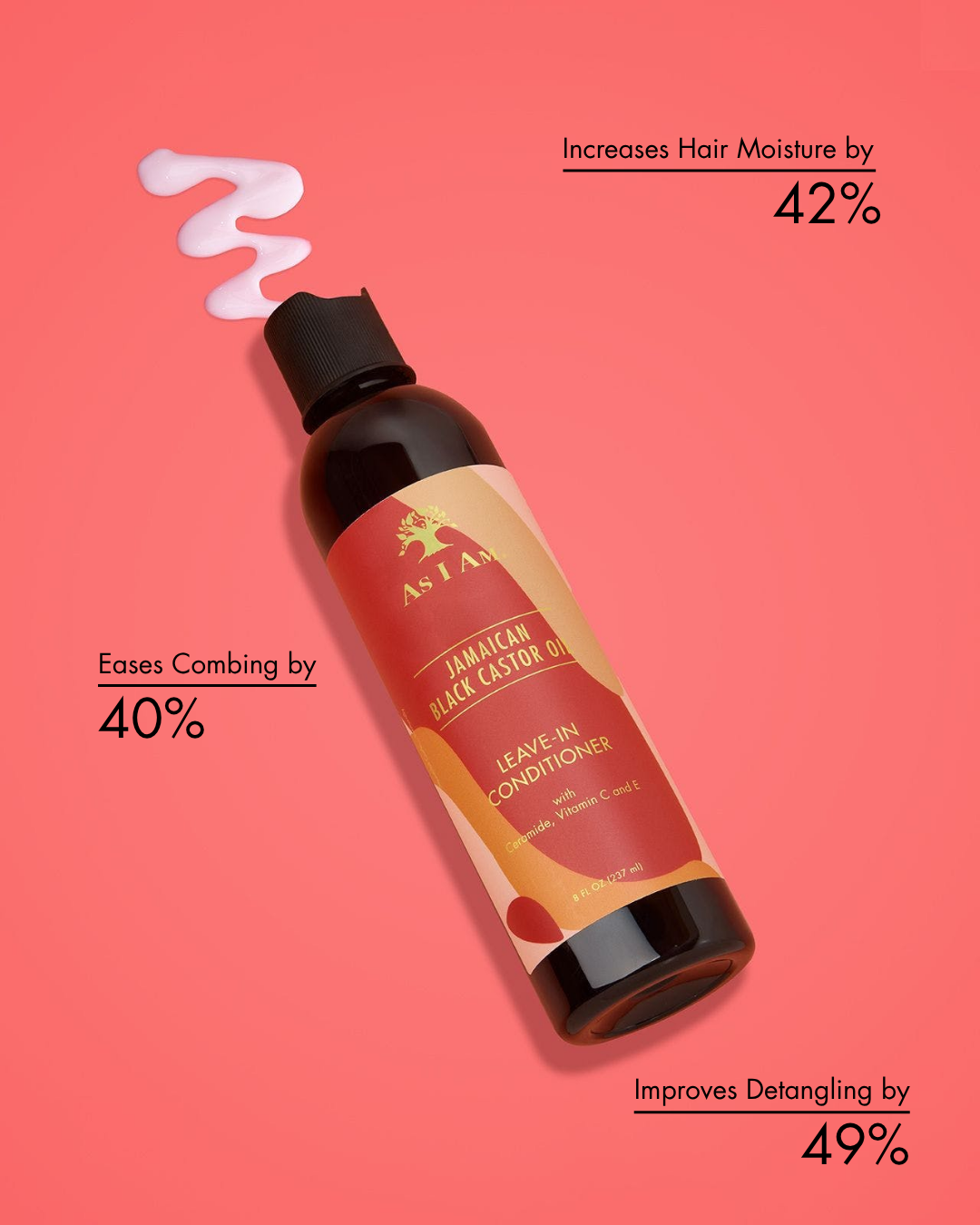 Leave-in conditioner bottle with benefits on a pink background