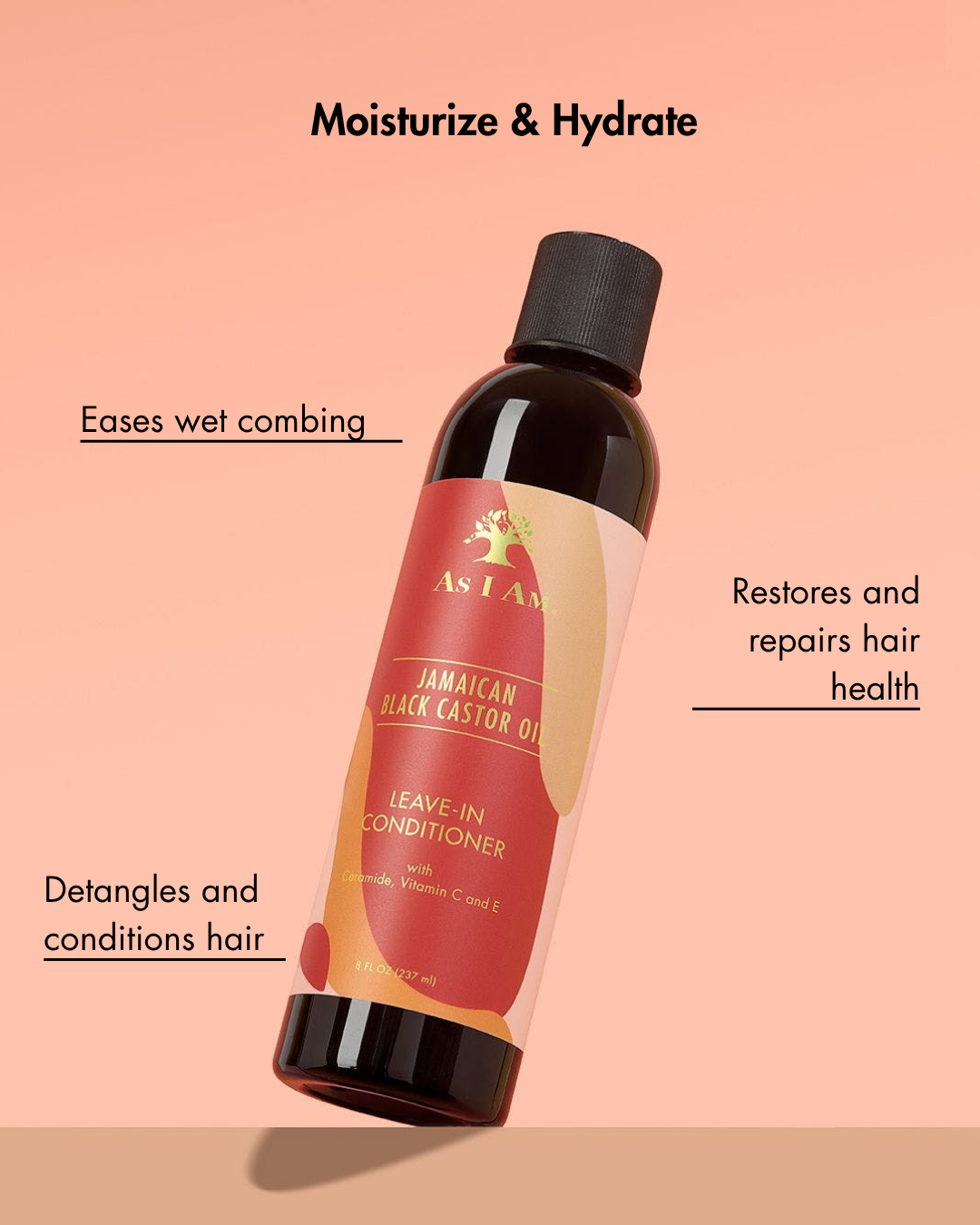 As I Am Jamaican Black Castor Oil leave-in conditioner bottle on a peach background