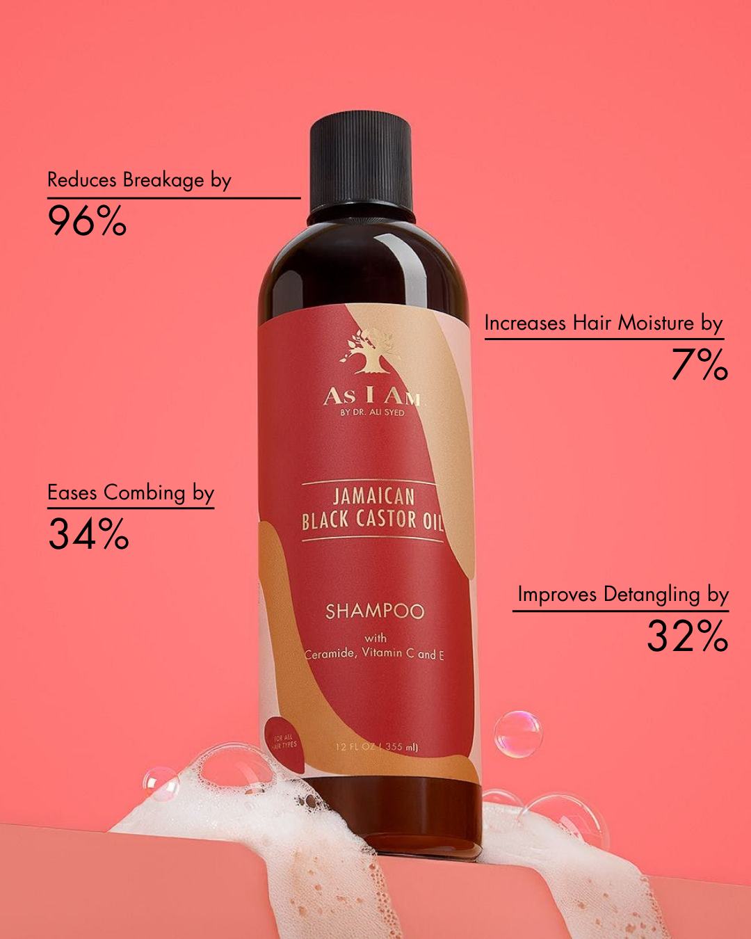 As I Am Jamaican Black Castor Oil Shampoo bottle with product benefits on a pink background