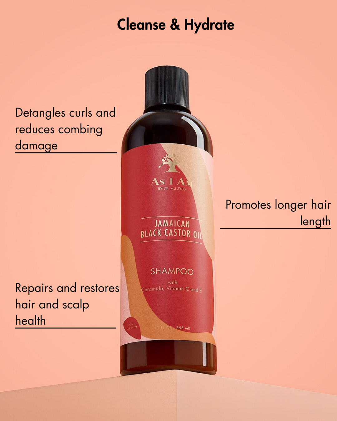Shampoo bottle with text on a peach background