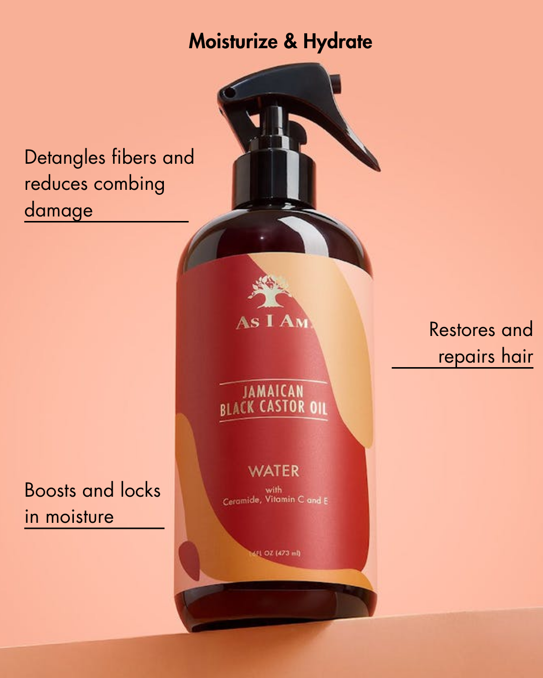 As I Am Jamaican Black Castor Oil Water bottle on a peach background with text about product benefits.