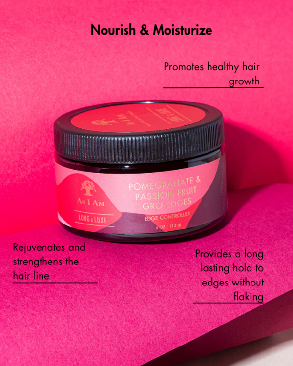 Jar of hair product with text on a pink background