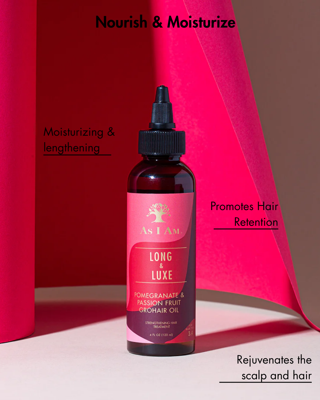 Bottle of As I Am Long Luxe hair oil with text highlighting benefits on a red and brown background