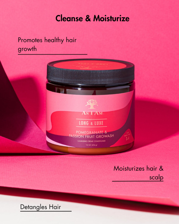 Jar of hair care product with pink background and text about hair care benefits