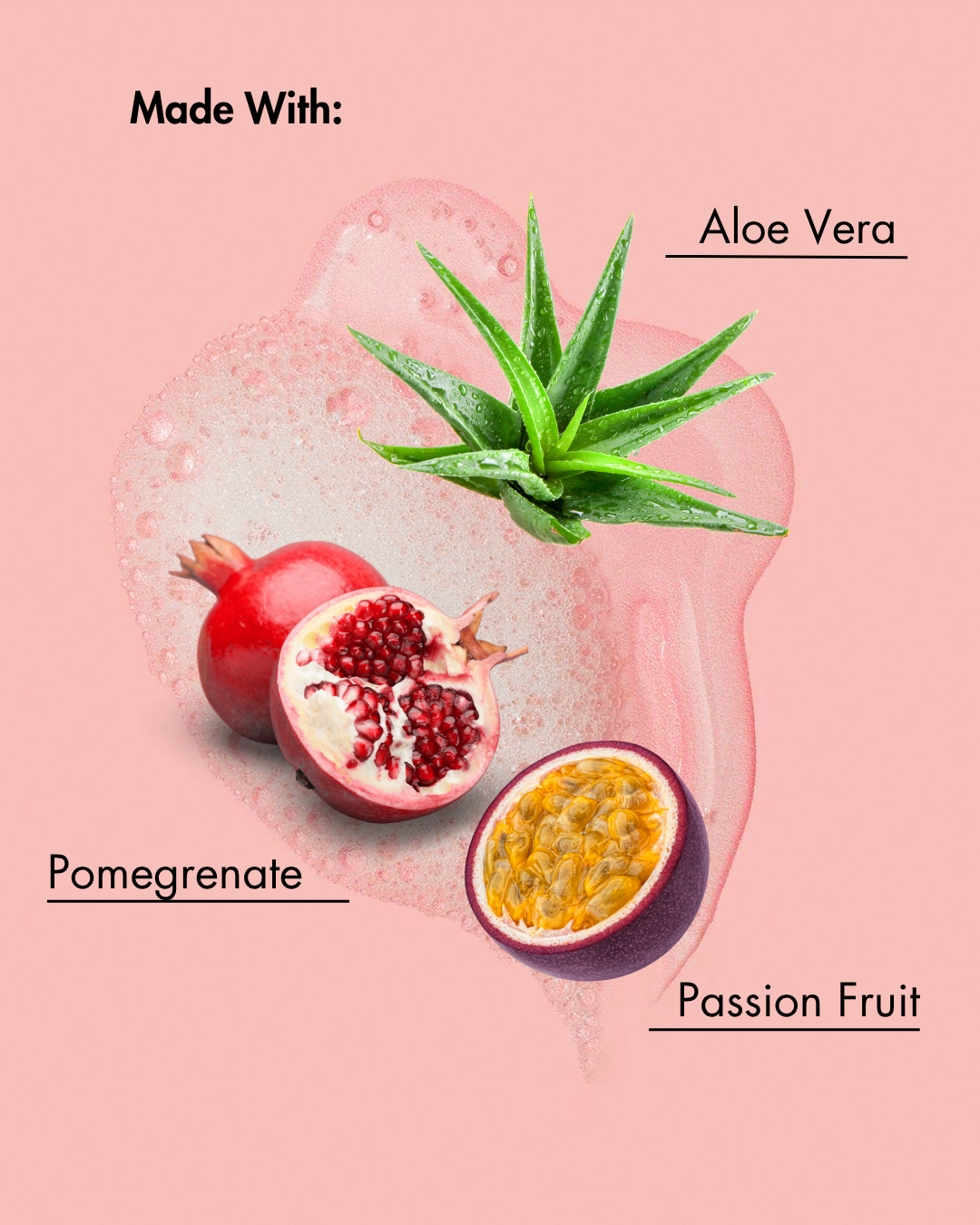 Ingredients used in a product on a pink background: Aloe Vera, Pomegranate, and Passion Fruit.